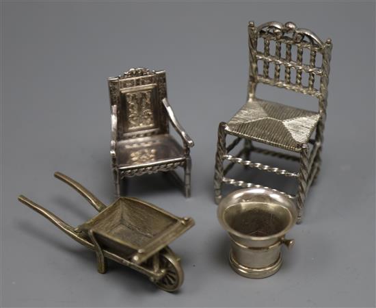 A 1960s silver miniature chair, London, 1968 and three other items including a Dutch white metal miniature wine cooler.